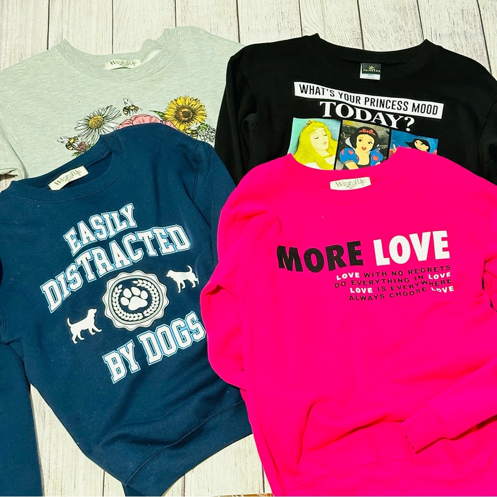 Junior Statement Sweatshirt Lot/More Love, What’s Mood Today, Distracted by Dogs